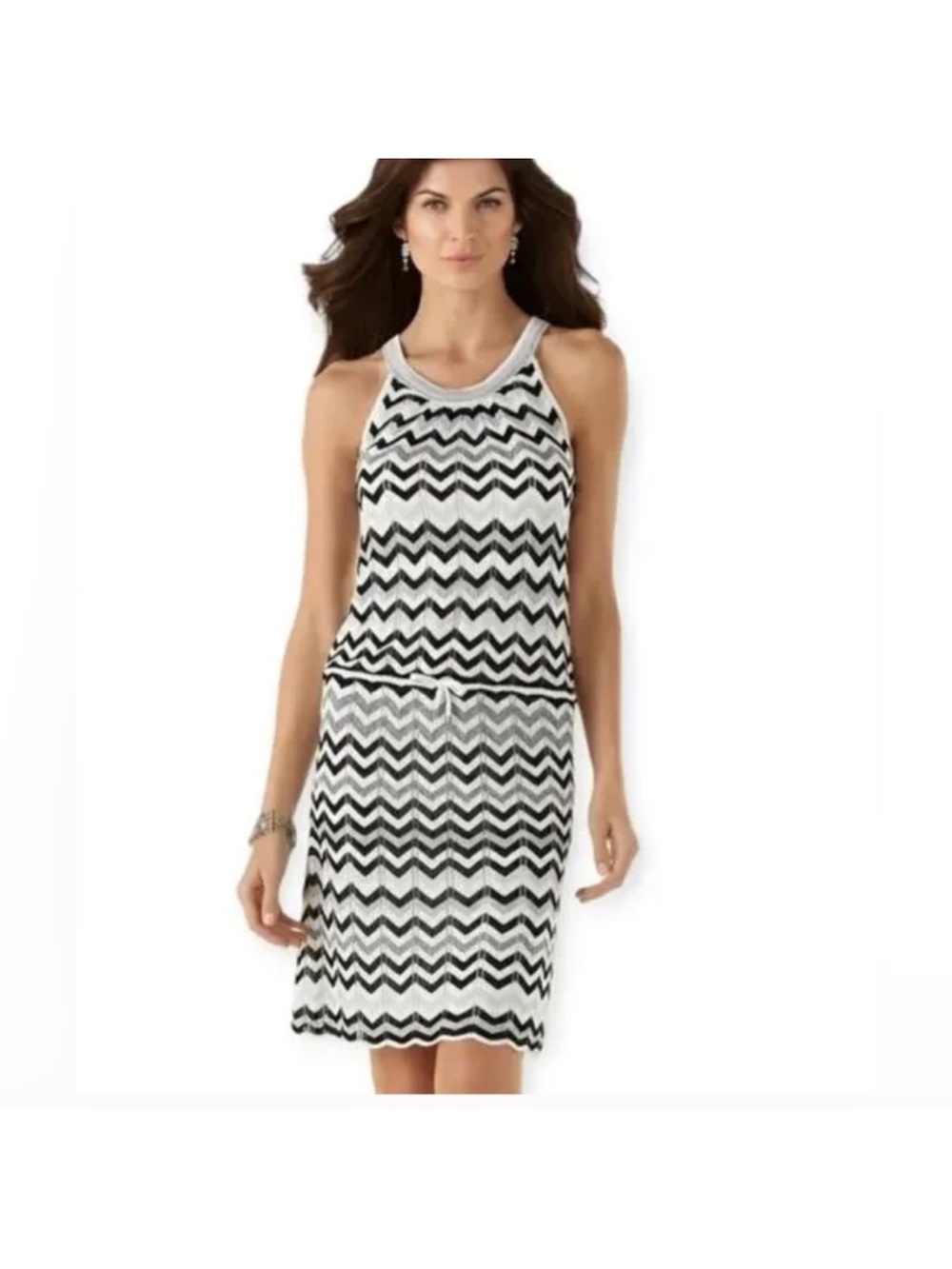 White House Black Market Black and White Chevron Halter Dress